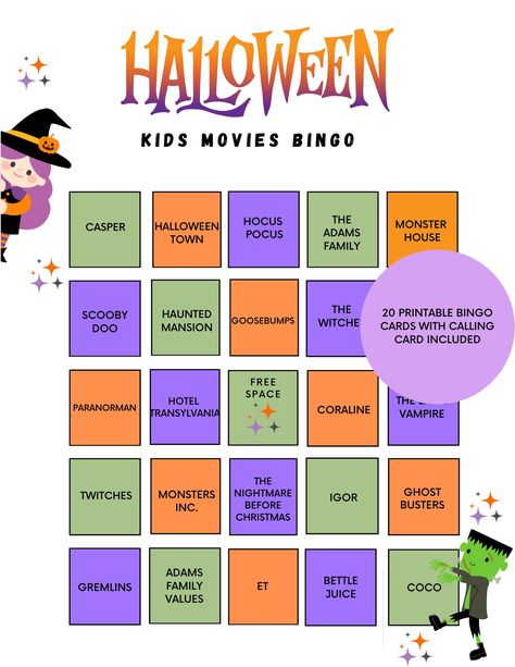 This printable Halloween Film bingo set is a perfect way to celebrate Halloween! Simply print out your unique bingo game sheets and calling card and start playing.  This set includes 20 unique game cards, each featuring a different kids Halloween Film.  Includes: -20 mixed Halloween bingo cards. 8.5x11 -1 calling card Note: you cannot edit the files. All files will be provided in PDF format. MATERIALS This listing is a digital product with instant download No physical item will be shipped to you LICENSE Personal Use license only This printable template is for your own personal use only You are not allowed to resell or redistribute EXCHANGE AND REFUND POLICY No exchanges or refunds offered * You'll receive 1 PDF file. Movie Bingo, Halloween Bingo Cards, Bingo Set, Halloween Bingo, Halloween Film, Bingo Printable, Kids' Movies, Halloween Movie, Calling Card