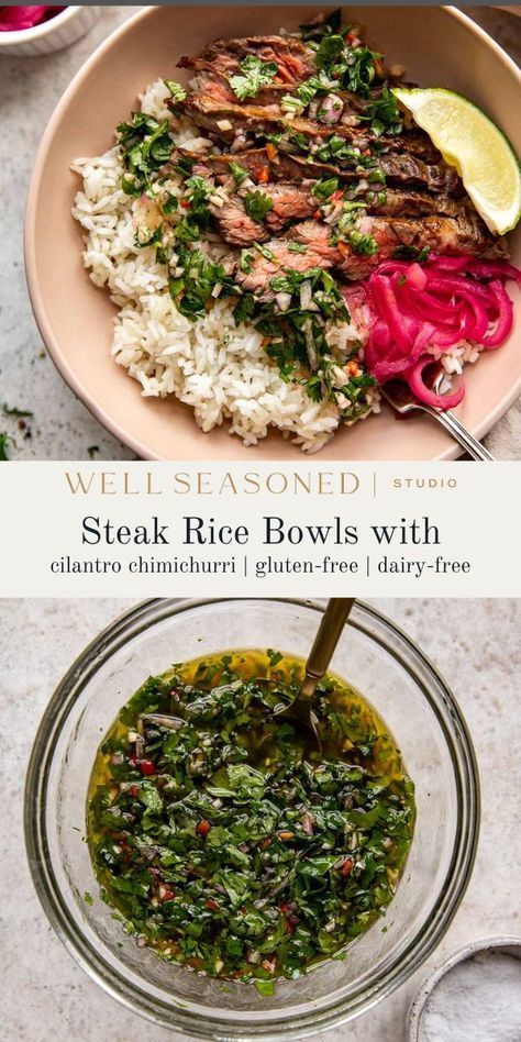 Meals With Chimichurri Sauce, Steak Chimichurri Bowl, Steak Chimichurri Dinner, Chimichurri Skirt Steak, Skirt Steak And Chimichurri, Mediterranean Skirt Steak, Cilantro Lime Steak Bowl, Chimichurri Steak Salad, Steak Power Bowls