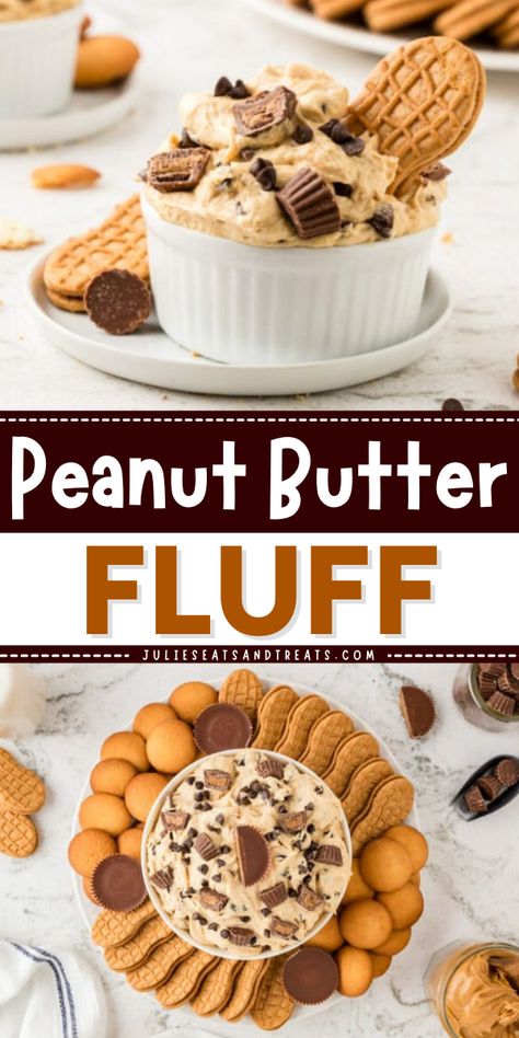 If you love the combination of peanut butter and chocolate this Peanut Butter Fluff recipe is calling your name. A simple combination of peanut butter, cream cheese, pudding mix, milk, Cool Whip and candy that is perfect for dipping Nutter Butter Cookies, Nilla Wafers, Graham Crackers and Animal Crackers in! Peanut Butter Fluff Dip, Desserts With Peanut Butter, Peanut Butter Fluff, Cream Cheese Pudding, Fluff Dip, Dessert Recipes For A Crowd, Peanut Butter Cream Cheese, Cheese Pudding, Peanut Butter Cream