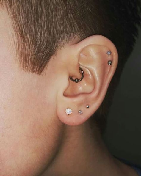 Double cartilage, triple lobe, and daith piercings! #doublecartilage #triplelobe #daith #daithpiercing #piercings #earpiercings Men Daith Piercing, Daith Piercing Men, Triple Lobe, Piercing Men, Double Helix Piercing, Double Cartilage, Spider Bite Piercing, Daith Piercings, Men's Piercings