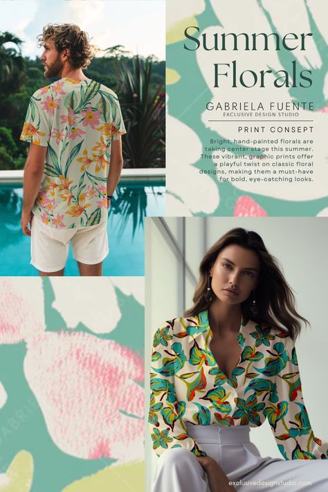 Print Design For Summer 26 fashion trend Floral  inspired the image shows print design for fashion Fashion Branding Design, Beach Elements, Tropical Florals, Design Brief, Print Design Fashion, Fashion Activewear, Summer Style Guide, Minimal Branding, Fashion Forecasting