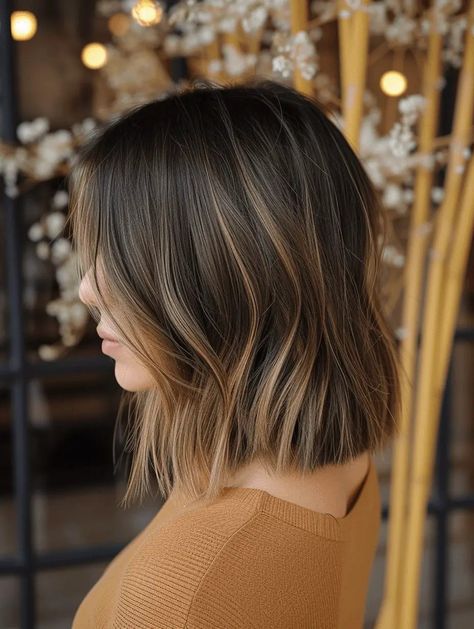 Bob Haircut With Balayage Brunettes, Dark Brown Bob With Highlights Straight, Fall Hair Chocolate Brown, Brown Bob With Lowlights, Baylage Highlights On Brown Hair, Short Brunette Hair With Lowlights, Brunette Bob Highlights, Brunette Balayage Bob Hair, Mid Length Hair Highlights