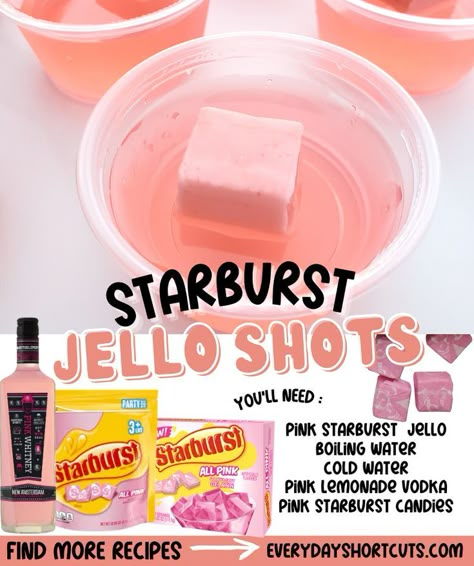 Malibu Barbie Jello Shots, Starburst Watermelon Jello Shots, Jello Shots Pink Whitney, Strawberry Starburst Jello Shots, Pink Whitney Jello Shots Recipe, Pink Jello Shots Recipes, Pretty Jello Shots, Pink Jell-o Shots, Jello Shot Recipes Easy