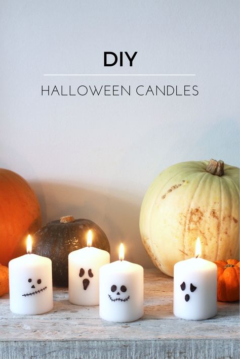 decorazioni Halloween: le candele fantasma - Super-easy halloween candles - all you need are candles and a Sharpie Halloween Candles Diy, Halloween Ghost Craft, Spooky Halloween Candles, Creative Halloween Decorations, Halloween Party Decor Diy, Halloween Fest, Boho Halloween, Halloween Party Diy, Easy Diy Halloween