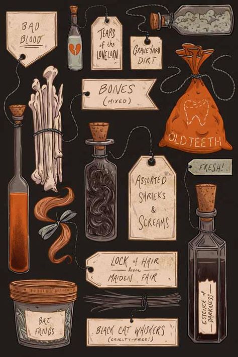 Personal work for Halloween - a collection of made up spooky potion ingredients. Citate Harry Potter, Image Halloween, Prințese Disney, Happy October, Halloween Illustration, Art Halloween, Witch Aesthetic, Witch Art, 판타지 아트