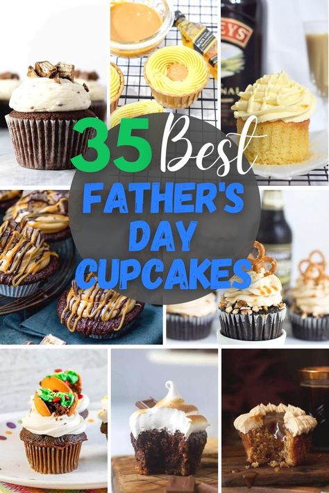 best fathers day cupcake ideas including taco cupcakes, stout cupcakes, snickers cupcakes, kitkat cupcakes, sticky toffee cupcakes, baileys cupcakes, whiskey cupcakes and more! Father's Day Cake, Fathers Day Cupcakes, Boozy Cupcakes, Cupcakes For Men, Candy And Chocolate, Fathers Day Cake, Cupcake Flavors, Cupcake Ideas, Baking Sweets