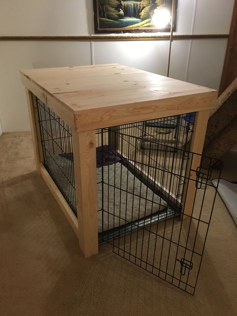 Dog Crate Room, Dog Kennel Desk, Dog Cage Table, Dog Crate Ideas, Indoor Dog Crate, Dog Crate End Table, Dog Crate Table, Dog Bedroom, Puppy Room