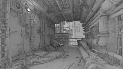 scifi Environment, Rodrigo Rocha on ArtStation at https://www.artstation.com/artwork/EV2PvN Scenic Design Sketch, Scifi Environment, Scifi Interior, Interior Concept Art, Spaceship Interior, Perspective Drawing Architecture, Sci Fi Environment, Architecture Drawing Art, Sci Fi Horror