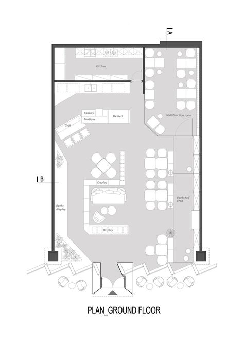 Gallery of Lingers Book Bar / Hejidesign - 21 Cafe Plan Architecture, Cafe Floor Plan Layout, Cafe Layout Plan, Cafe Floor Plan, Coffee Plan, Cafe Plan, Loft Style Interior, Library Bar, Store Plan