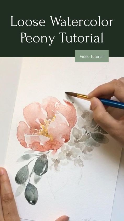 Floral Watercolor Paintings Tutorials, Loose Watercolor Peony, Watercolor Peony Tutorial, Watercolor Peonies Tutorial, How To Paint Flowers Watercolor, Loose Watercolor Florals, Loose Watercolor Paintings Tutorials, Watercolor Videos Tutorial, How To Watercolor Flowers