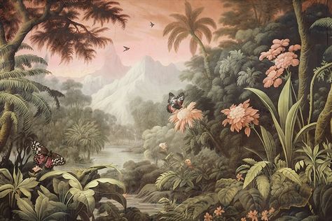 wallpaper jungle and leaves tropical forest mural birds and butterflies old drawing vintage background Jungle Images Wallpapers, Jungle Background Landscape, Vintage Jungle Illustration, Jungle Forest Illustration, Jungle Illustration Background, Vintage Jungle Mural Wallpaper, Jungle Pictures, Wedding Illustration Card, Jungle Painting