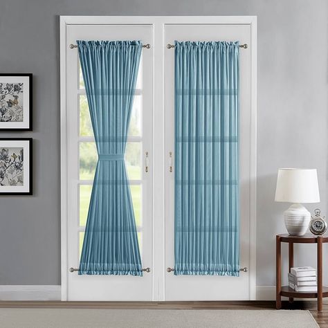 Amazon.com: Warm Home Designs Sheer Dusty Blue French Door Curtains Set. Each Curtain for Door Window Set Comes with 2 Tie-Backs. 52 x 72 Inch Sidelight Window Treatments or Glass Door Curtains. KFR D Blue 52x72 : Home & Kitchen Front Door Window Covering, Sidelight Curtains, Sidelight Windows, Glass Door Curtains, White French Doors, Door Shades, Door Window Covering, French Door Curtains, Curtain For Door Window