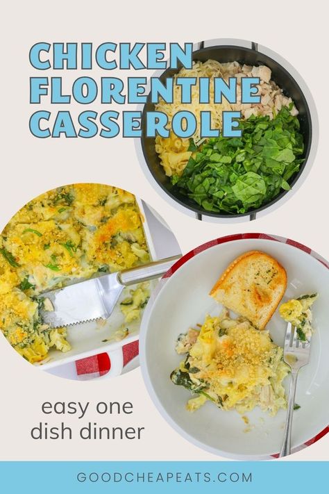 circle collage of chicken florentine casserole images, with text overlay. Casserole Recipes Chicken, Chicken Florentine Casserole, Chicken Casserole Recipes, Best Easy Dinner Recipes, Chicken Florentine, Delicious Pasta, Chicken Meals, Best Chicken Recipes, Easy Casserole Recipes