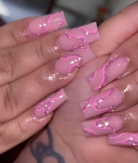 Baddie Jelly Nails, Cute Girly Pink Nails, Bright Pink Birthday Nails, Pink Arclyc Nail Designs, Simple Pink Nails With Gems, Baddie Barbie Nails, Pink On Pink Acrylic Nails, Pink Baddie Nail Designs, Pink Birthday Nails Acrylic Short