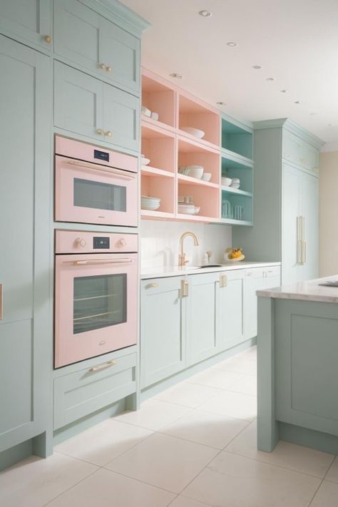 Blue Kitchen Modern, Blue Kitchen Table, Pastel Interior Design, Mini Mansion, House Aesthetics, Light Blue Kitchens, Candy Kitchen, Kitchen Pink, Pastel Kitchen