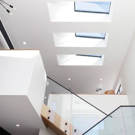 Skylight Living Room, Flat Roof Skylights, Glass Skylight, Roof Skylight, Sustainable House, Velux Skylights, Roof Windows, Glazed Glass, Shower Inspiration