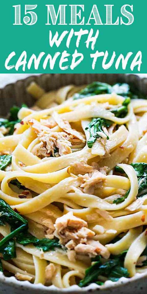 15 awesome recipes for canned tuna! Tuna patties, tuna salad, tuna pasta, and more! #CannedTuna #Tuna #Dinner #EasyDinner #MealPlanning Banting Dinner Ideas, Chunk Tuna Recipes, Tuna Bowls Canned, Tuna Supper Ideas, Canned Tuna And Pasta Recipes, Healthy Canned Tuna Recipes Low Calories, Tuna And Spaghetti Recipes, Spaghetti And Tuna Recipes, Tin Tuna Recipes Dinners