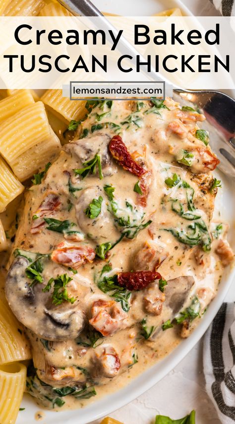 This cozy and comforting creamy Baked Tuscan Chicken is a simple take on a classic dish. A dump and bake chicken breast recipe that can be prepped and served in about 30 minutes. A great dish for a simple weeknight meal or a dinner party--perfect for any occasion! Oven Baked Meals Dinner Tonight, Tuscan Chicken Casserole Recipes, Dump And Bake Tuscan Chicken Pasta, Baked Tuscan Chicken Breast, Oven Baked Tuscan Chicken, Date Night Dinner Recipes Chicken, Tuscan Chicken Oven, Baked Tuscan Chicken Casserole, Chicken Breast One Pot Meals