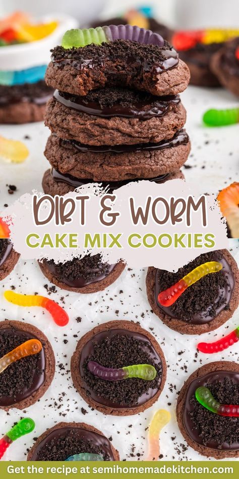 Worms And Dirt Cake, Cake Mix Halloween Cookies, Spooky Treats For Kids, Dirt And Worms Cake, Halloween Bake Sale Treats, Worm Dessert, Halloween Cake Mix Cookies, Halloween Bake Sale Ideas, Dirt Cake Cookies