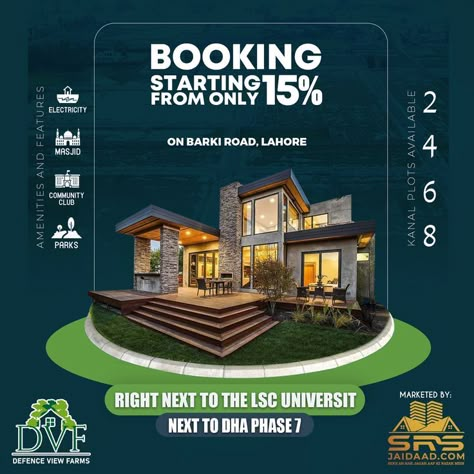 𝐄𝐱���𝐜𝐥𝐮𝐬𝐢𝐯𝐞 𝐂𝐨𝐮𝐧𝐭𝐫𝐲 𝐋𝐢𝐯𝐢𝐧𝐠! Experience the luxury of modern amenities in a grand farmhouse project that is developed on Barki Road Lahore. SRSJaidaad is offering you the best deals in DVF Farmhouse 𝐎𝐧𝐥𝐲 95 𝗹𝐚𝐜𝐬 /𝐊𝐚𝐧𝐚𝐥 2, 4, 6, and 8 Kanal astounding lands. Located on Main Barki Road next to DHA Ph#Lahore Booking Starts From Only 15% Real Estate Offer Creative Ads, Grand Farmhouse, Farmhouse Poster, Real Estate Banner, Inmobiliaria Ideas, Property Ad, Digital Advertising Design, Brochure Design Layout, Real Estate Advertising