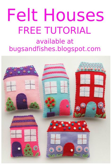 Sew a set of cute felt houses with this free tutorial! Felt Houses, Lampe Art Deco, Felt House, Felt Ornaments Patterns, Felt Crafts Diy, Felt Patterns, Small Houses, Felt Decorations, Fabric Houses