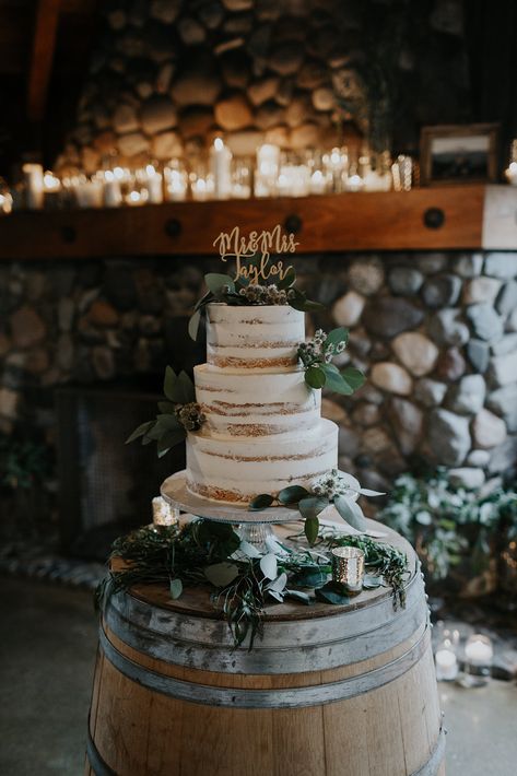 Kelley Farm Naked Wedding Cake Taylor Wedding Rustic Cake Display Wedding, Wedding Cake On Barrel, Farmhouse Wedding Cakes, Ranch Wedding Cake, Bare Cake Wedding, Simple Western Wedding Cake, Wedding Cake Display Ideas, Rustic Wedding Cake Table, Farm Wedding Cake