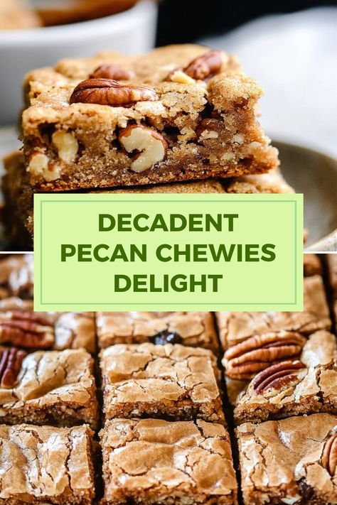 Indulge in these scrumptious Pecan Chewies! This pin features two images showcasing the delicious, buttery chewies filled with pecans, perfect for anyone craving a sweet treat. Say hello to your new favorite easy dessert recipe! Nuts Dessert Recipes, Recipes Using Pecan Flour, Dessert Recipes With Pecans, Desserts With Pecans Easy, Recipes With Pecans Dessert, Seasoned Pecans Recipe, Easy Pecan Dessert Recipes, Recipes For Pecans, Recipes Using Pecans