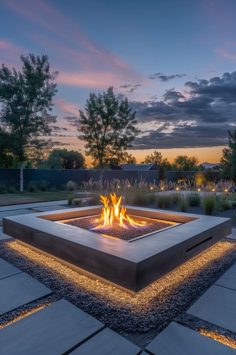 Experience the epitome of outdoor elegance with this modern fire pit at dusk. The low-profile square pit, adorned with glass or ceramic beads, creates a mesmerizing focal point. The meticulously designed landscape features pebbles reflecting the warm glow of the fire, while the smooth stone walkway leads into a garden adorned with tall grasses and ambient lighting. Serenity meets sophistication in this upscale outdoor haven. Garden Design Fire Pit, Desert Fire Pit, Square Fire Pit Ideas Backyard, Recessed Fire Pit, Backyard Deck Ideas, Outdoor Fire Pit Area, Creative Backyard, Sunken Fire Pits, Tall Grasses