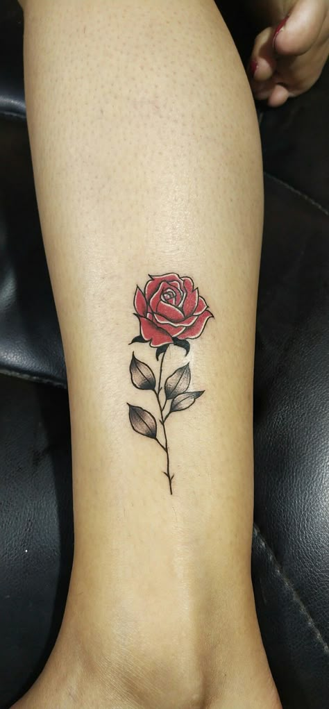 Red Shaded Rose Tattoo, Red Rose Black Stem Tattoo, Rose Tattoo Red And Black, Black Rose With Red Shading Tattoo, Red And White Rose Tattoo, Rose Calf Tattoo, Single Red Rose Tattoo, Pretty Rose Tattoos, Red Rose Tattoo Men