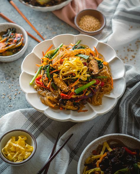 Japchae | Stir-Fried Glass Noodles & Vegetables — The Spice Odyssey Korean Feast, Stir Fry Glass Noodles, Korean Glass Noodles, Noodles Vegetables, Bulgogi Recipe, Korea Food, Bulgogi Beef, Glass Noodles, Vidalia Onions