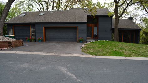 Bloomington MN James Hardie Iron Gray Modern Siding Hardie Board Iron Gray, Iron Grey House Exterior, Iron Gray Hardie Siding, James Hardie Iron Gray, Hardie Board House, James Hardie Siding Colors, Gray Siding, Modern Siding, James Hardie Siding