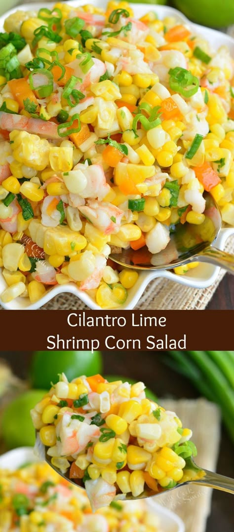 Cilantro Lime Shrimp Corn Salad. Wonderful corn salad made with shrimp, sweet bell peppers, shallots, and fresh cilantro and lime flavors. It can be simply cooked on stove top or the grill. #cornsalad #shrimp #sidedish #salad #corn #bbq #cookout #potluck Shrimp Corn Salad, Cold Corn Salad, Crunchy Asian Salad, Shrimp Corn, Cilantro Lime Shrimp, Boiled Vegetables, Corn Salad Recipes, Lime Shrimp, Sweet Bell Peppers