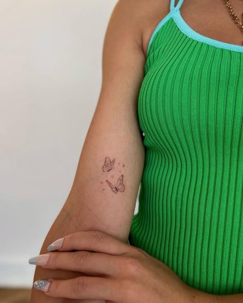 Cute Dainty Butterfly Tattoo, Butterfly Tattoo Couple, Fine Like Butterfly Tattoo, Butterfly Tattoos Fine Line, 3 Butterfly Tattoo Fine Line, Dainty Butterfly Tattoo Arm, Small Tattoo Shoulder Women, Tattoo Two Butterflies, Fine Line Butterfly Tattoo Forearm