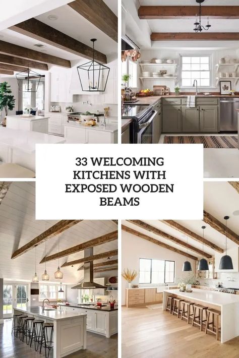 33 Welcoming Kitchens With Exposed Wooden Beams - Shelterness Exposed Beams In Kitchen, Kitchen With Beam, Wood Beams In Kitchen, Kitchen With Beams, Beam In Kitchen, Faux Wooden Beams, Stained Beam, Inviting Kitchen, Grey Kitchen Island