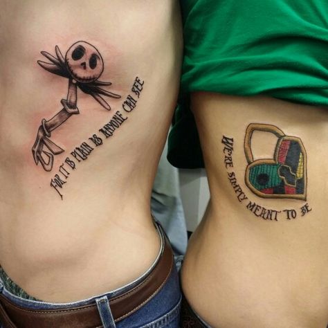 Jack and sally key and heart tattoo Nbc Couple Tattoos, Couple Tattoos Jack And Sally, Sally And Jack Couple Tattoo, Horror Movie Couple Tattoos, Friday The 13th Couples Tattoo, Couple Halloween Tattoos, Nmbc Tattoo, Sally And Jack Tattoo, Jack And Sally Couple Tattoo