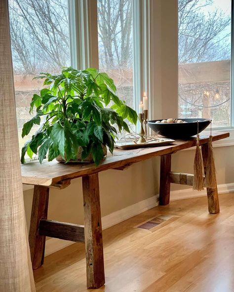 Vintage Wood Bench and Bay Windows - Soul & Lane Window Bench For Plants, Bay Window Plant Stand, Indoor Plant Bench, Bay Window Plant Shelf, Plant Bench Diy, Living Room Taupe Walls, Plant Bench Indoor Window, Plant Stand Bay Window, Bench For Plants