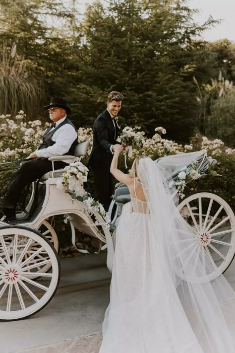 Exclusive: Kelianne Stankus and Chase Mattson’s Dreamy Wedding in California Kelianne Stankus And Chase Mattson, Horse And Carriage Wedding, Chase Mattson, Heirloom Photos, Kelianne Stankus, Wedding Getaway Car, Horse Drawn Carriage, Fairytale Forest, Wedding Carriage