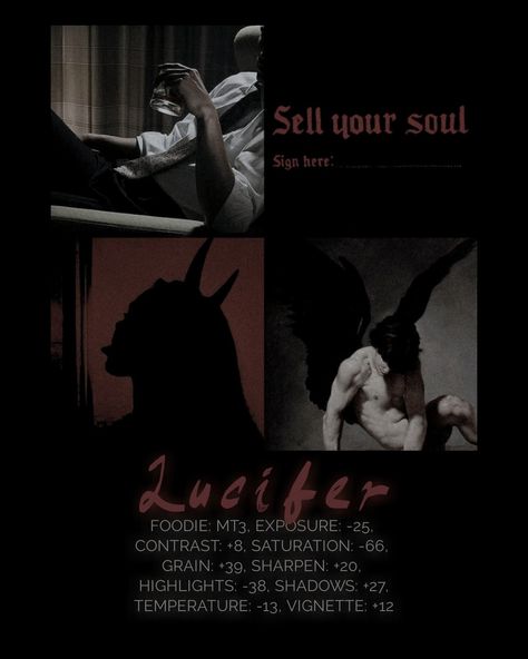 #foodie #edit #vsco #lucifer #instagram #aesthetic #filter Emo Vsco Filter, Horror Photo Editing, Goth Vsco Filter, Fallen Angel Filter Vsco, Cute Themes Aesthetic, Dark Vsco Filter, Free Vsco Filters Aesthetic, Vsco Dark Filter, Picsart Filter Ideas