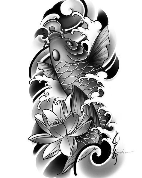 Fish design tattoo black and Gray Pez Koi Tattoo, Coverup Ideas, Tato Setengah Lengan, Koi Dragon Tattoo, Japanese Koi Fish Tattoo, Koi Tattoo Sleeve, Tato Ikan Koi, Tattoo Japanese Style, Tato Naga