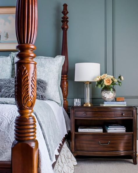 In the center of this transitional master bedroom featured on HGTV.com, a four poster bed with soft sage linens invites the owners to relax after a long day at the office. Four Poster Bedroom, 4 Poster Bed, Four Poster Bed, Traditional Bedroom Decor, Gold Bedroom, Four Poster, Poster Bed, Traditional Bedroom, Bedroom Posters