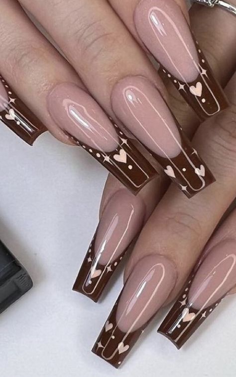 Hot Pink French Tip Coffin Acrylic Nails, Nails With Brown Design, Valentines Nails Brown, Light Pink And Brown Nails, Brown Valentines Day Nails, Cute Brown Nail Ideas, Hot Nails 2023, Brown Ombre Nails Acrylic, November Acrylic Nail Designs