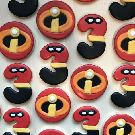 Incredibles Cookies Decorated, The Incredibles Cookies, Incredibles Cake, Incredibles Birthday Party, Pixar Party, Superhero Cookies, Toy Story Party Decorations, 3rd Birthday Boys, First Birthday Cookies