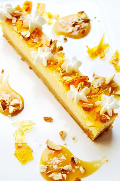 Honey Caramel Cheesecake with Crispy Meringue Bits and Almonds Upscale Fall Desserts, Plated Cheesecake Fine Dining, Fine Dining Cheesecake, Fall Plated Desserts, Cheesecake Fine Dining, Plated Cheesecake, Cheesecake Plated Dessert, Cheesecake Plating Ideas, Work Desserts