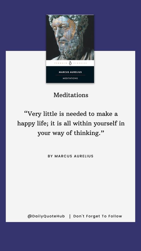 This philosophical work is a collection of personal reflections by the Roman Emperor Marcus Aurelius. It offers guidance on self-discipline, resilience, and understanding one's place in the universe. Rooted in Stoic philosophy, the book emphasizes the importance of inner peace, rational thinking, and accepting what we cannot control.

#Stoicism #Philosophy #SelfImprovement Marcus Aurelius Book, Meditations Marcus Aurelius, Stoicism Philosophy, Aurelius Quotes, Marcus Aurelius Meditations, Rational Thinking, Marcus Aurelius Quotes, Stoic Philosophy, Empowering Books