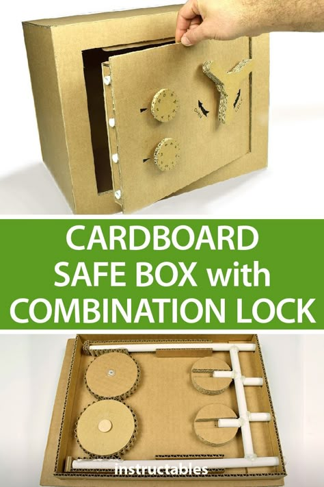 Make a safe with a combination lock out of just cardboard and some PVC pipes! #upcycle #reuse #hiding #secret #safety #security Escape Box, Escape Room Diy, Carton Diy, Escape Room Puzzles, Pvc Pipe Projects, Lock Out, Cardboard Box Crafts, Cardboard Toys, Pvc Pipes