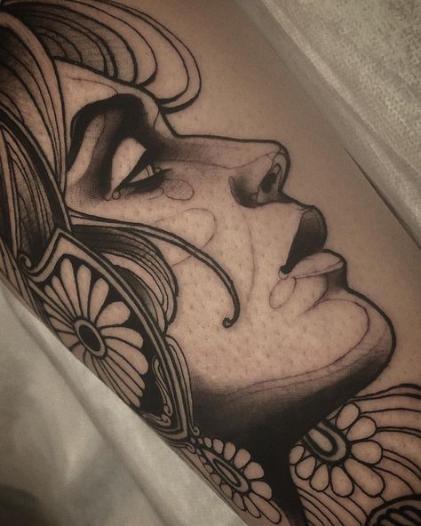 Neo Traditional Face Tattoo, Female Portrait Tattoo, Neo Traditional Tattoos Women Faces, Neo Trad Woman Face, Neo Trad Lady Face, Neotraditional Lady Face, Greek Goddess Tattoo, Traditional Tattoo Reference, Neo Traditional Art