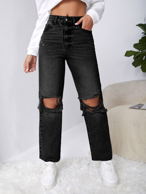 Ripped Raw Cut Straight Leg Jeans Cute Jeans For School, Cute Black Jeans, Black Jeans Ripped, Black Jeans For Women, Boyfriend Jeans Black, Wishlist Board, Stage Crew, Ripped Knee Jeans, Black Mom Jeans