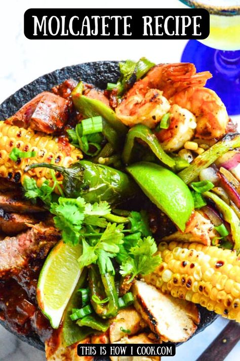 Seafood Molcajete Recipe, Molcajete Mixto Recipe, Molcajete Recipe, Latino Food, Salsa Verde Recipe, Steak And Shrimp, Random Recipes, Chicken Steak, Melty Cheese