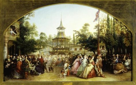 The Dancing Platform at Cremorne Gardens by Phoebus Levin, 1864. Victorian Theatre, Victorian Ballroom, Georgian London, Reference Places, Pleasure Garden, Historical Nonfiction, Historical London, Landscape Park, Theatre Production