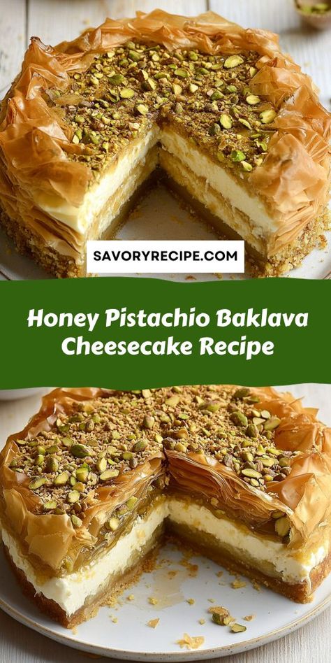 Treat yourself to a slice of heaven with this Honey Pistachio Baklava Cheesecake Recipe. The perfect blend of creamy cheesecake and nutty baklava, all drizzled with honey, makes this dessert a must-try. Ideal for special occasions or a sweet treat at home, it’s a dessert lover's dream come true! Baklava Cheesecake Recipe, Honey Pistachio, Baklava Cheesecake, Pistachio Baklava, Pistachio Cheesecake, Rich Cheesecake, Savory Recipe, Flavor Combinations, Gourmet Desserts